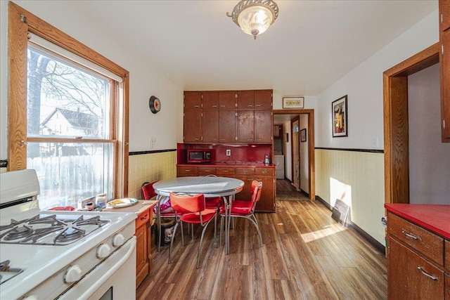 dining room with wood-type flooring and tile walls