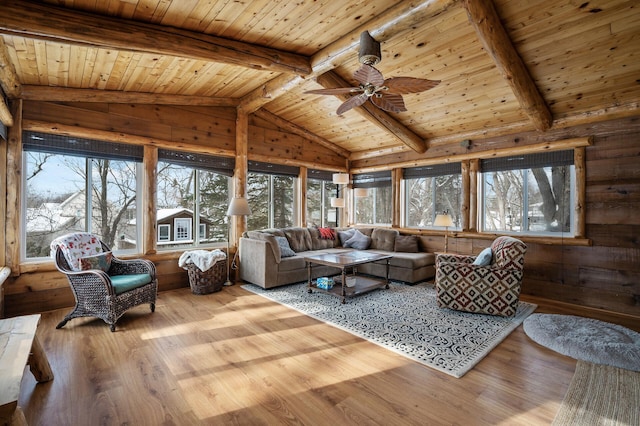 living room featuring wood ceiling, plenty of natural light, and wood-type flooring