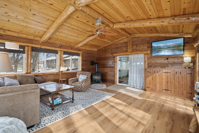 living room featuring vaulted ceiling with beams, wood ceiling, a wood stove, wooden walls, and light hardwood / wood-style floors