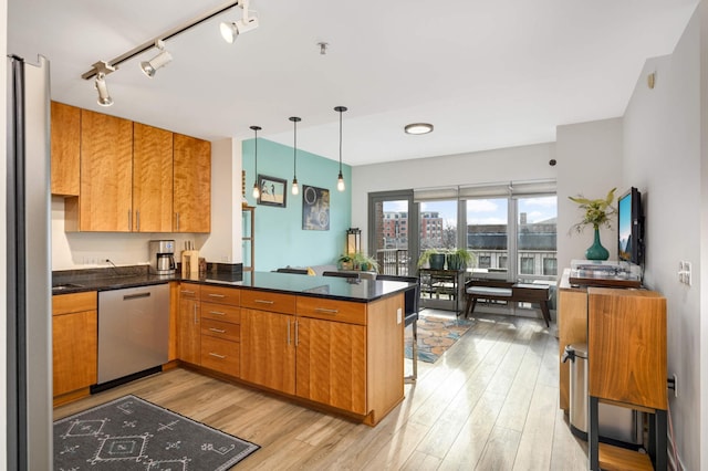 kitchen featuring pendant lighting, track lighting, kitchen peninsula, stainless steel dishwasher, and light hardwood / wood-style flooring