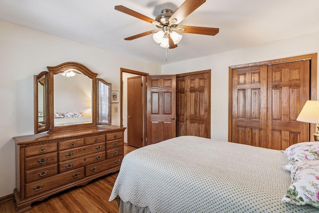 bedroom featuring dark wood finished floors, multiple closets, and ceiling fan
