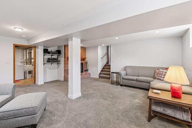 living room with carpet, washer / clothes dryer, stairway, baseboards, and recessed lighting