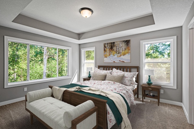 carpeted bedroom with a textured ceiling, multiple windows, and baseboards