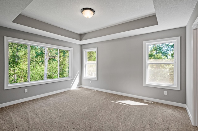 empty room with a textured ceiling, carpet, visible vents, and baseboards