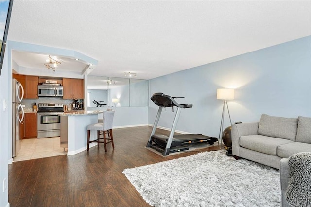 living room with a raised ceiling, wood-type flooring, and a textured ceiling