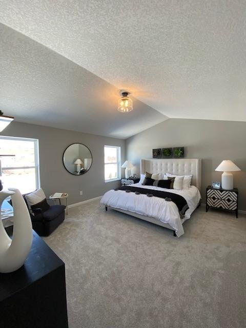 bedroom with carpet, lofted ceiling, and a textured ceiling