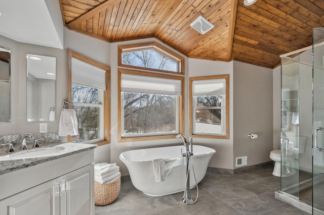 full bathroom with lofted ceiling, toilet, wood ceiling, separate shower and tub, and vanity