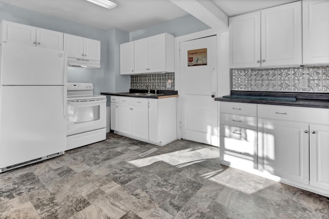 kitchen featuring backsplash, white cabinetry, sink, and white appliances