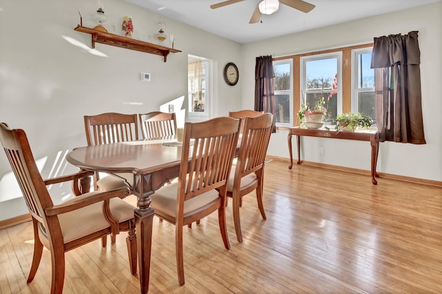 dining area featuring ceiling fan and light hardwood / wood-style flooring