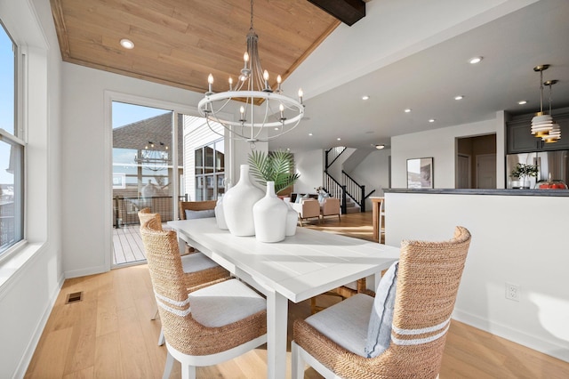 dining room featuring a notable chandelier, lofted ceiling with beams, light hardwood / wood-style floors, and wooden ceiling