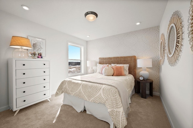 bedroom with light colored carpet