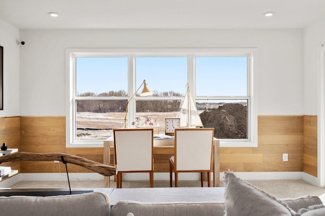 dining space featuring wood walls and a healthy amount of sunlight