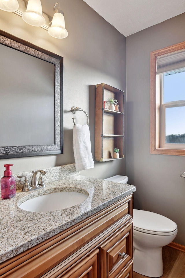 bathroom featuring vanity, toilet, and hardwood / wood-style floors