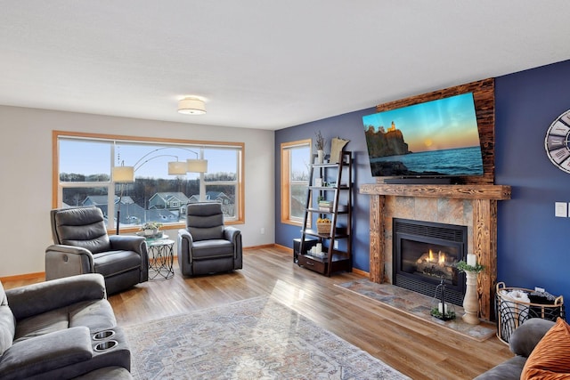 living room with a fireplace and light hardwood / wood-style flooring