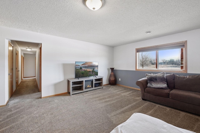 carpeted living area with baseboards and a textured ceiling