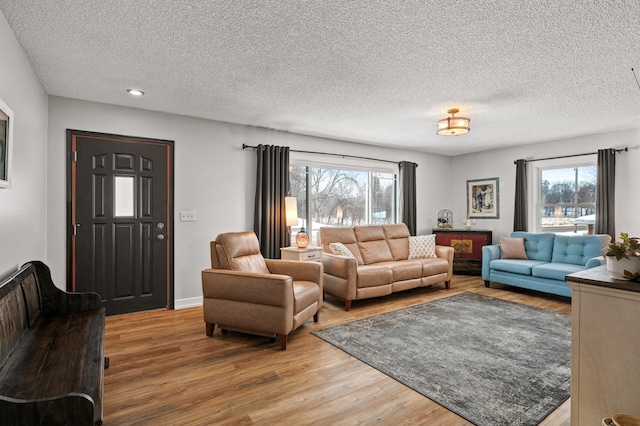 living room featuring a textured ceiling, hardwood / wood-style flooring, and a healthy amount of sunlight