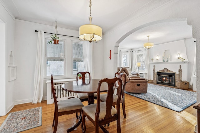 dining area with crown molding and hardwood / wood-style floors