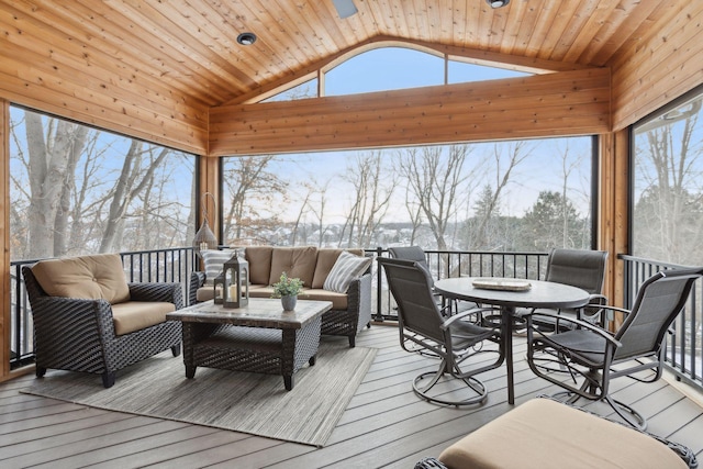 sunroom with wood ceiling and vaulted ceiling