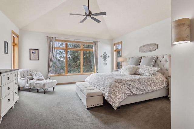 carpeted bedroom featuring lofted ceiling and ceiling fan