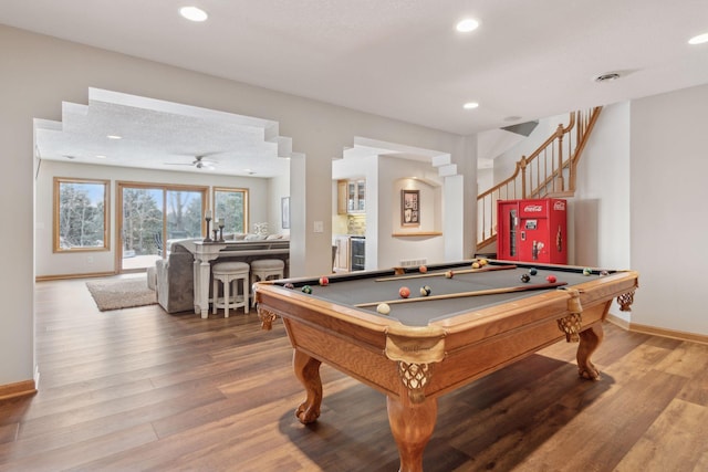 playroom featuring ceiling fan, hardwood / wood-style floors, beverage cooler, and pool table