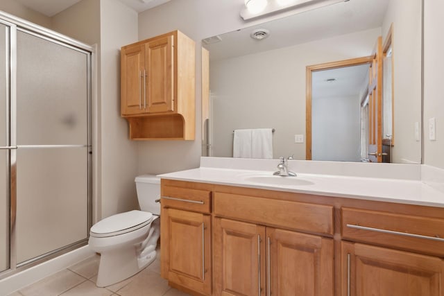 bathroom with walk in shower, tile patterned floors, toilet, and vanity