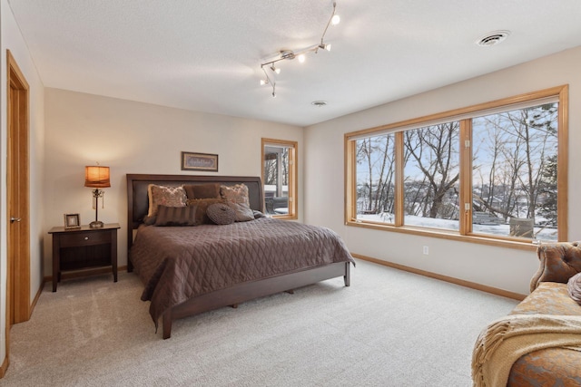 bedroom with light colored carpet and a textured ceiling