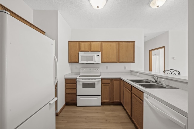 kitchen featuring a textured ceiling, white appliances, light hardwood / wood-style floors, and sink