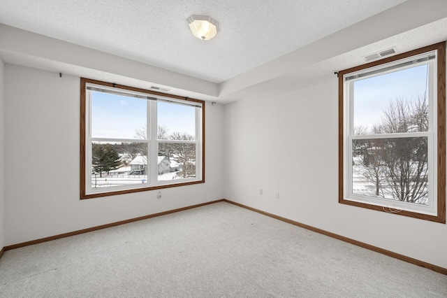 carpeted spare room with a textured ceiling