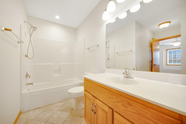 full bathroom with toilet, shower / bath combination, vanity, and tile patterned flooring