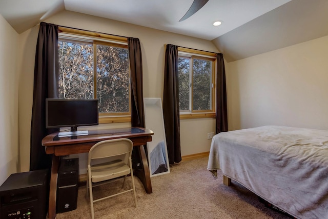 carpeted bedroom with baseboards, vaulted ceiling, and recessed lighting