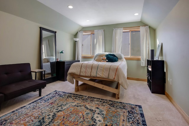 N1865 980th St, Rock Creek Twp, WI 54701 - bedroom featuring vaulted ceiling, light carpet, baseboards, and recessed lighting