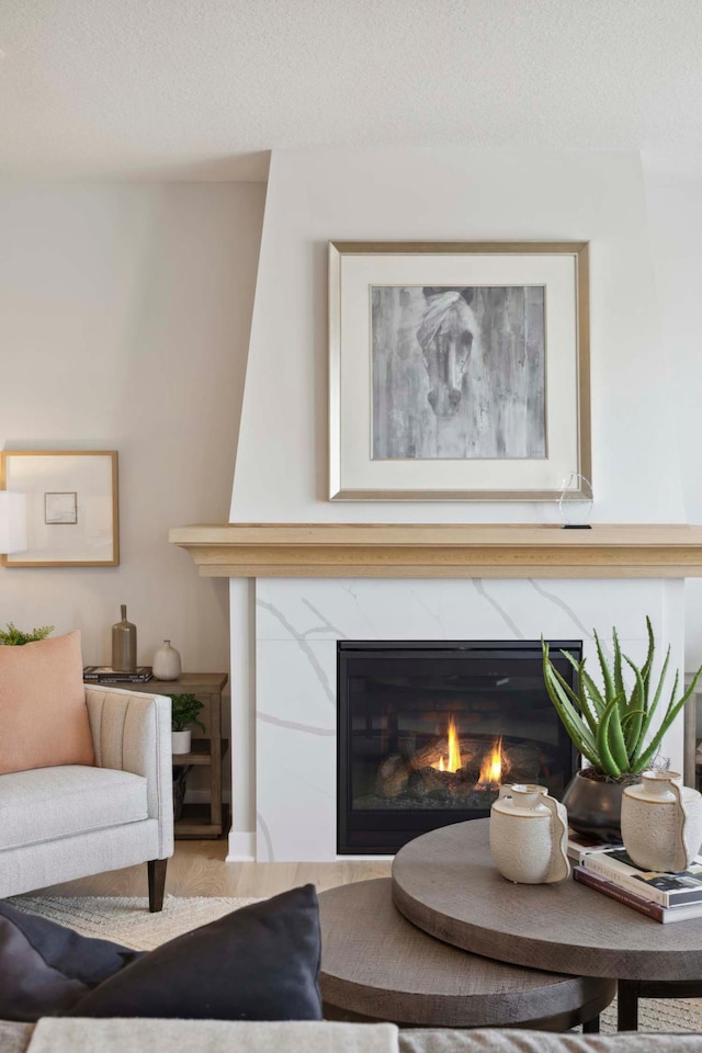 interior space featuring a fireplace and a textured ceiling