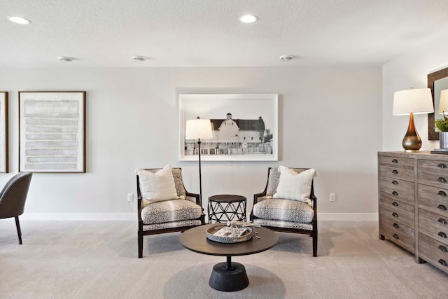 living area featuring light carpet and a textured ceiling