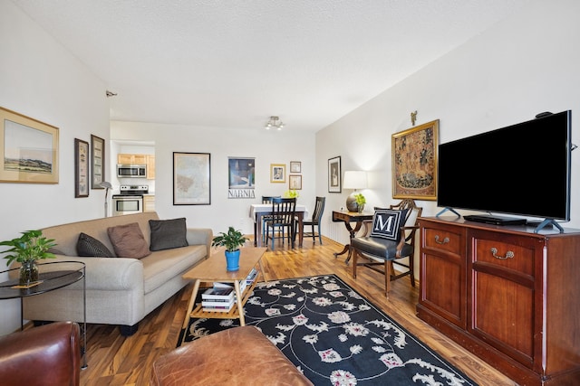 living room with dark hardwood / wood-style flooring