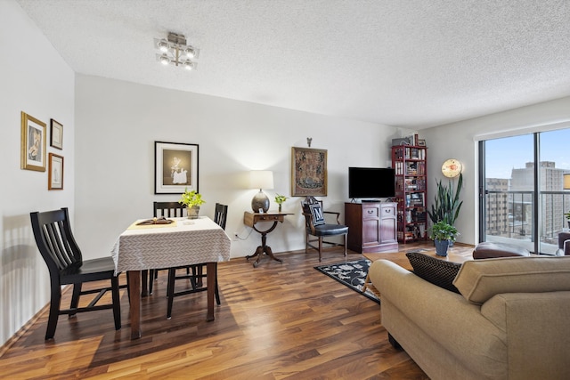 living room featuring a textured ceiling and dark wood-type flooring