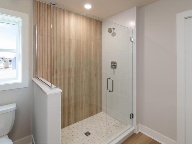 full bathroom with toilet and a stall shower