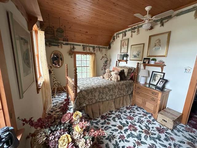 bedroom featuring ceiling fan, lofted ceiling, and wood ceiling