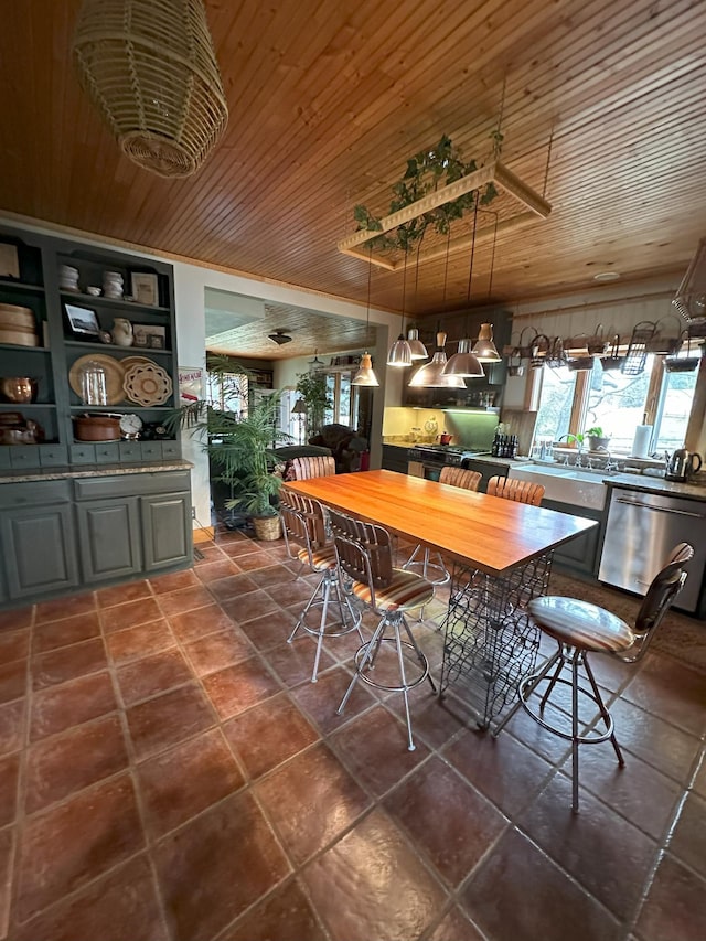 dining room with wooden ceiling