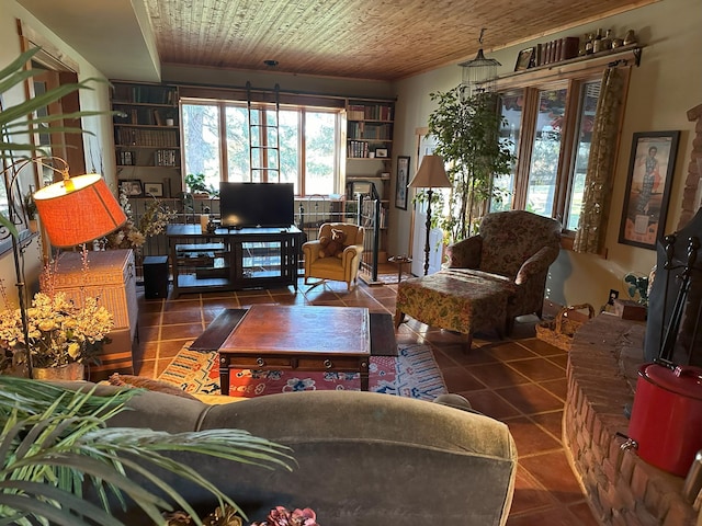 tiled living room featuring wooden ceiling