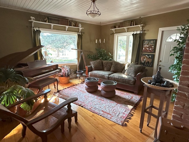 living area featuring hardwood / wood-style floors and ornamental molding