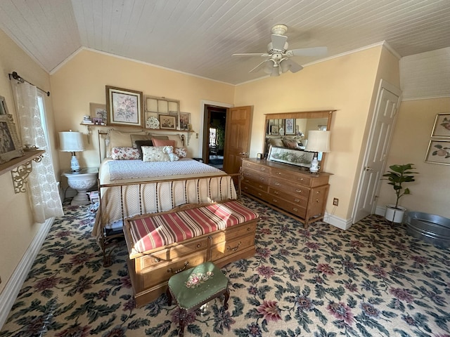 carpeted bedroom with lofted ceiling, ornamental molding, wooden ceiling, and ceiling fan