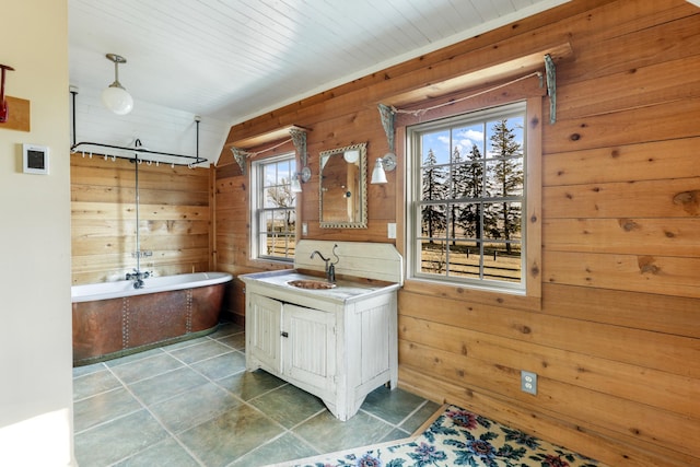 bathroom with plenty of natural light, wooden walls, and a bathing tub