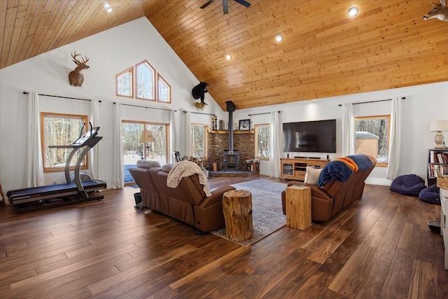 living room featuring high vaulted ceiling, a wood stove, a wealth of natural light, and dark hardwood / wood-style flooring