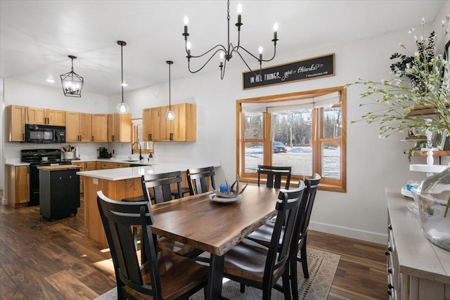 dining space featuring dark hardwood / wood-style floors, sink, and a chandelier