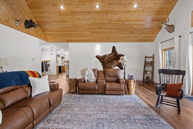 living room featuring high vaulted ceiling, wooden ceiling, and hardwood / wood-style floors