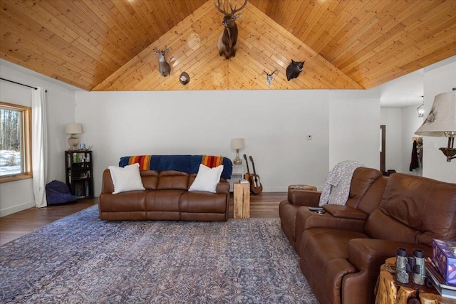 living room featuring lofted ceiling, wood ceiling, and dark hardwood / wood-style floors