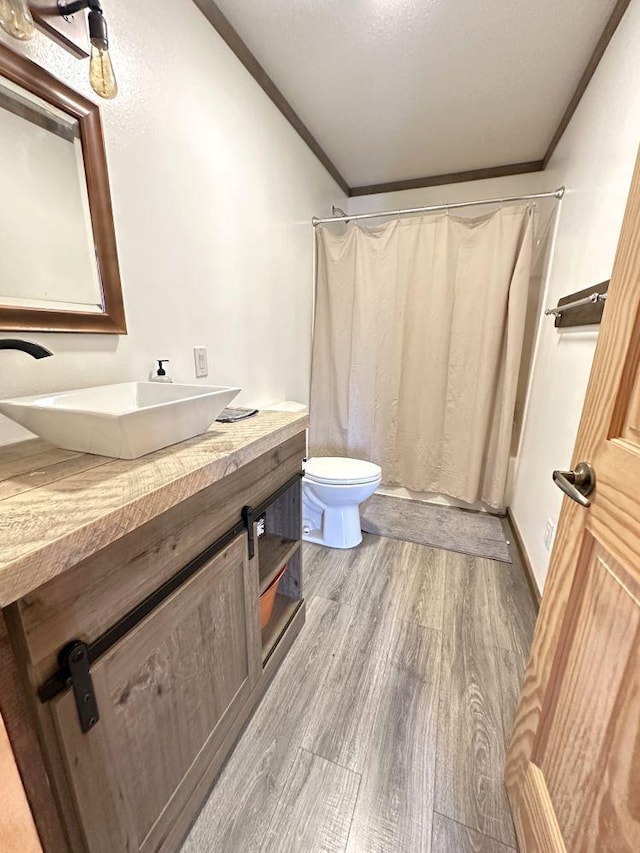 bathroom featuring hardwood / wood-style flooring, vanity, toilet, and crown molding