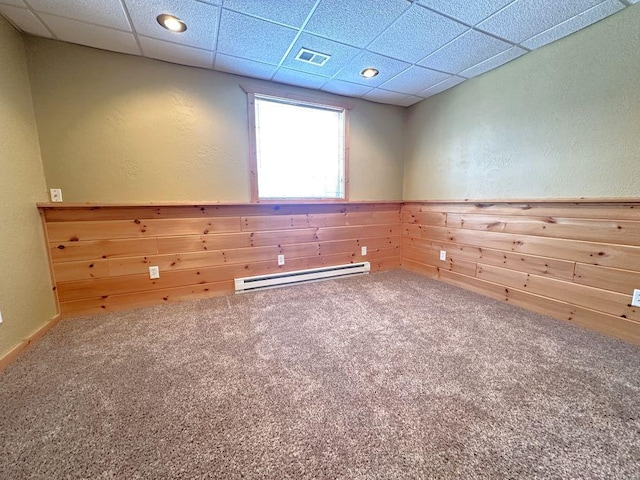 spare room with carpet floors, visible vents, wood walls, and a baseboard heating unit