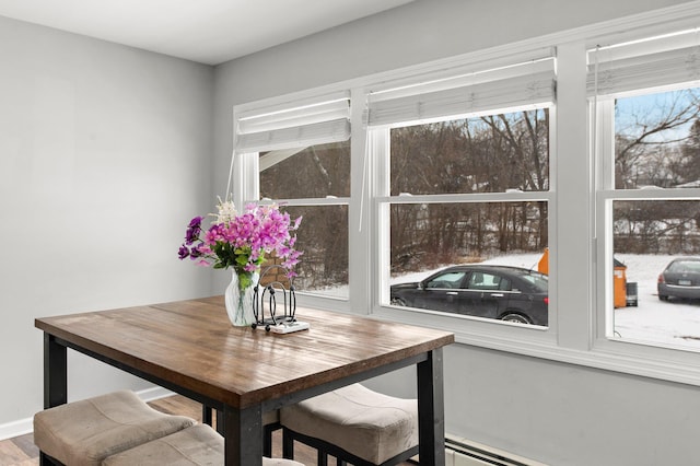 dining room with a baseboard heating unit and hardwood / wood-style floors