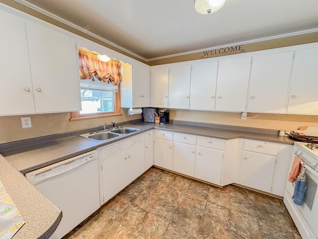 kitchen featuring white cabinetry, sink, white appliances, and ornamental molding